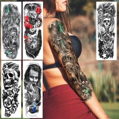 Mysterious Pyramid Lion King Temporary Full Arm Tattoo For Men Women Fake Skull Wolf Tattoo Sticker Waterproof Body Art Tatoo 3D