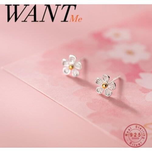 WANTME Korean Sweet Lovely Five Petal Flower Stud Earrings for Fashion Women Real 925 Sterling Silver Girl Best Birthday Gift