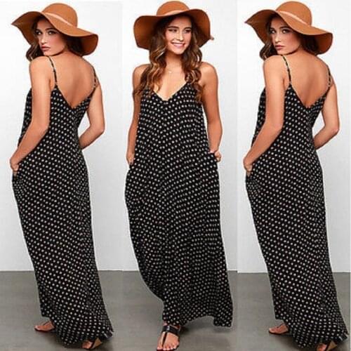 Women On Sale Black Summer Dress Beach Wear Sleeveless Chiffon Dress Dot Ladies Long Party Beach Dress