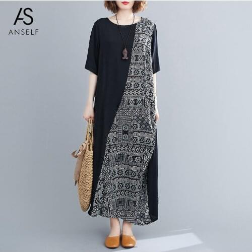 Anself Summer Dress Women 2021 Vintage Printed Splicing Holiday Long Dress Boho Beach Dress Oversized Robes Dress Femme Vestido