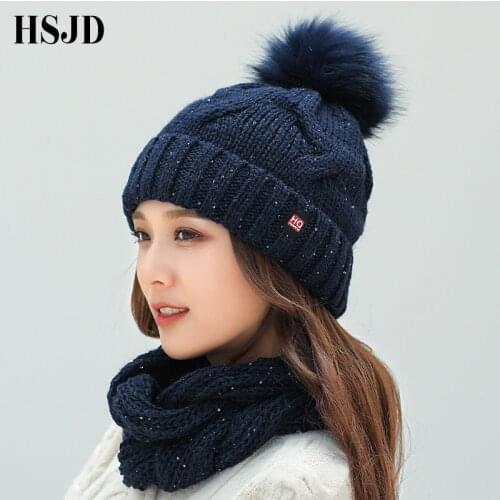 2018 Winter Fashion Sequins Knitted Hat Scarf Set Pompom Beanies Hat For Women brand new thick skullies Warm neck female cap