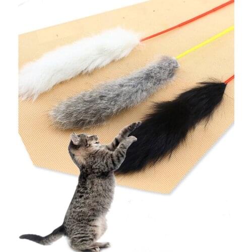 1Pc Soft Rabbit Fur Cat Teaser Wand Toy Funny Pet Cat Stick Feather Toy for Kitten Interactive Toy Supplies, Color Random