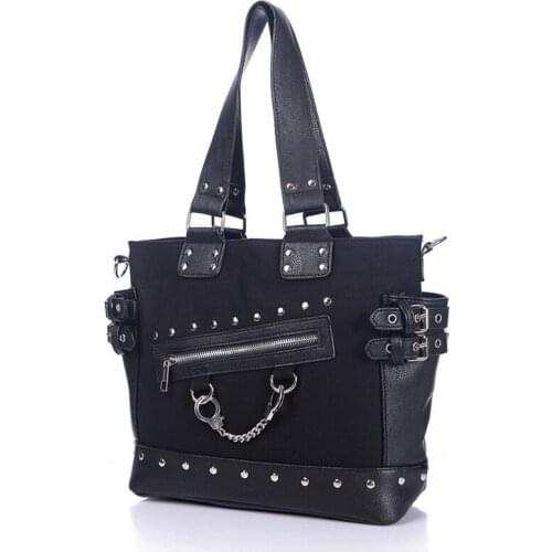 2021 Canvas Tote Bag Rivet Womens Bag Zipper Canvas Tote Wide Strap Shoulder Bag Gothic Punk Handbag