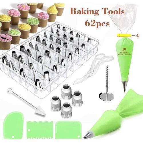 62pcs Stainless Steel Icing Piping Nozzle Tips Baking Tools Green Cake Cream Scraper Brush Bag Decorating Tools