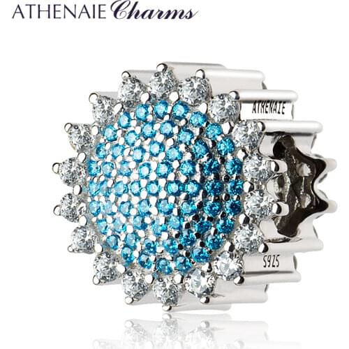 ATHENAIE 925 Silver Pave Blue CZ Sunflower Charms Beads Fit All European Charms Bracelets Gift for Women DIY Jewelry