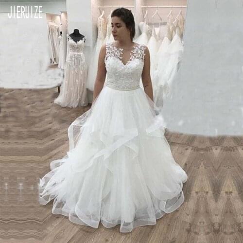 JIERUIZE White Ruffles Wedding Dresses Sheer Scoop Neck Beading Sashes Bridal Gowns With Appliques Lace Up Back vestido de noiva