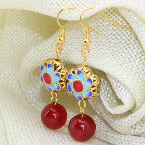 Free shipping fashion charms red jades gold-color hollow cloisonne long drop dangle earrings for women clothes jewelry B2642