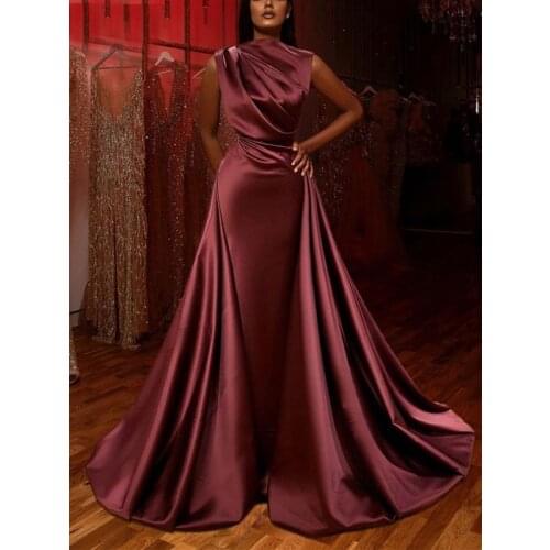 Burgundy Long Satin Prom Dresses 2020 O Neck Sleeveless Formal Evening Party Ball Gown Robe De Soiree