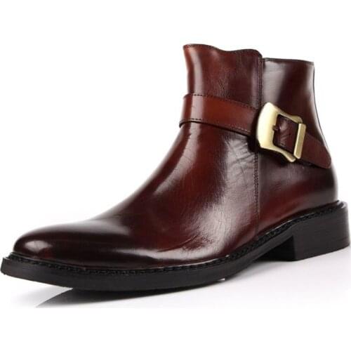 British Mens Winter Buckle Pointed Toe Genuine Leather Dress Shoes High Top Motorcycle Biker Ankle Boots Office Man Work Shoes