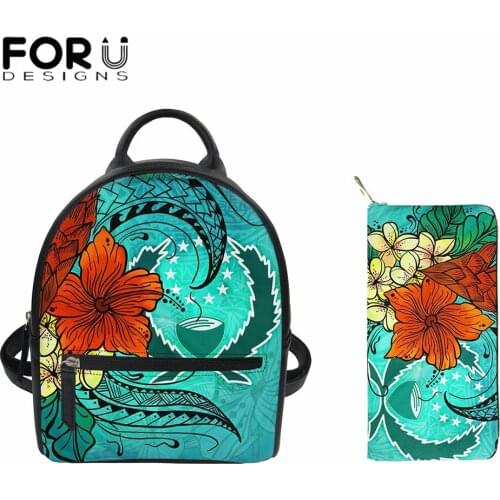 FORUDESIGNS Pohnpei Polynesian Summer Hibiscus Printed Women Leather Backpacks Female Vintage Backpack for Girls Travel Bags