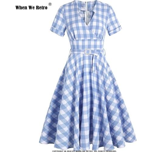 Hepburn Retro Short Sleeve Large Swing Summer Dress VD1995 50s 60s British Vintage Women Blue Plaid Dresses Robe Femme