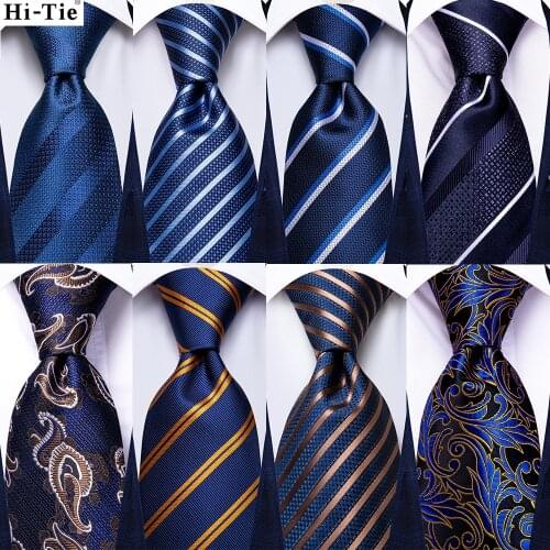 Hi-Tie Silk Mens Wedding Tie Striped Solid Navy Blue Business Gift Necktie For Men Quality Hanky Cufflink Party Fashion Designer