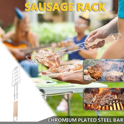 Sausage Barbecue Tongs Stainless Steel Hot Dogs BBQ Iron Wire Barbecue Grilling Basket BBQ Net Wooden Handle Meat Fish Clip Hold