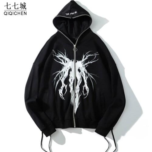 Demon Print Zipper Ribbon Jacket Men Punk Hooded Streetwear Casual Black Cool Oversized Coat Harajuku Dpring Autumn Sweatshirt
