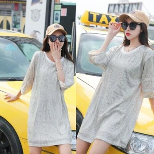 Summer Casual Straight Three Quarter Sleeve O-neck High Street Loose One Size Solid Color Youth Sequined Women Dress 9950