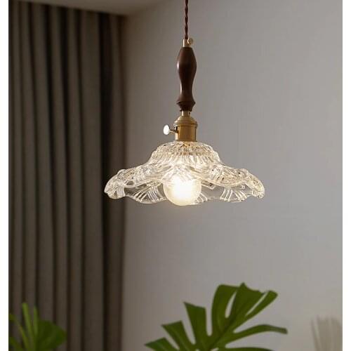 Nordic INS Japanese style retro chandelier bedside restaurant bar chandelier walnut glass brass single head chandelier