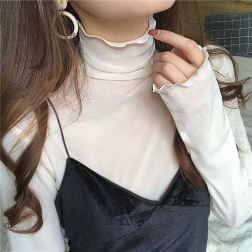 Fashion Mesh Solid Basic T Shirt Long Sleeve High Collar See-through T-shirt Thin Slim Street Casual Tee Shirts