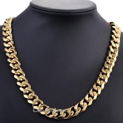 Davieslee Gold-color Cut Curb Cuban Link Stainless Steel Necklace Mens Fashion Chain Jewelry (15mm Wide) DLKN332