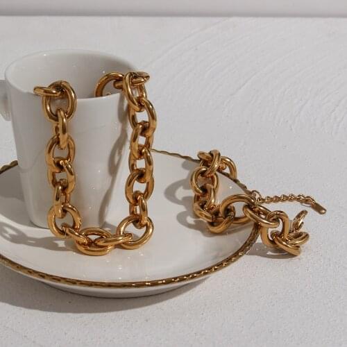 2021 Exaggerated Stainless Steel Tarnish Free Chunky O Chain Gold Choker Necklace Bracelet Jewelry Set Statement Necklace