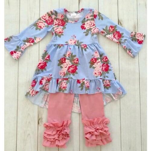 New Winter/Spring 2 Pieces rose flower print baby girls children outfits solid ruffle pants hot sell boutique clothing sets