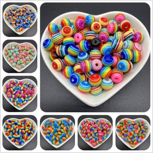 50pcs/Lot 8mm Rainbow Resin Spacer Beads Round Stripe Beads For Jewelry Making DIY Bracelet Necklace Accessories