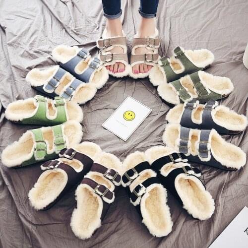 Women Shoes Plush Unisex Cork Slippers Women Casual Nubuck Leather Sandals Non-slip Men Outside Slides Shoes