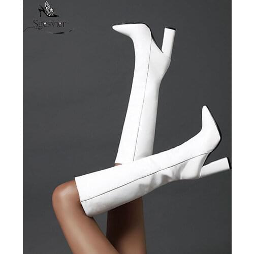 Sgesvier 6 Color Pointed Toe Knee High Boots Winter Woman Shoes Block High Heel Riding Long Faux Leather Boots Women Black White
