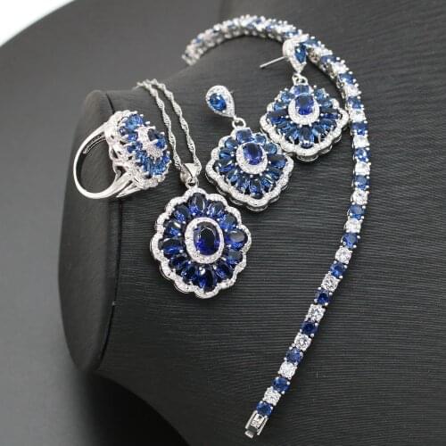 XUTAAYI Luxury Jewelry Earrings Silver Wedding Jewelry Sets For Women Blue Bracelet Rings Bridal Pendant Necklace Set