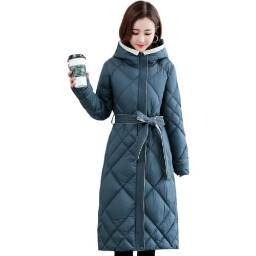 2021 Winter Coat Women Elegant Thick Warm Loose Harajuku Jacket Hooded Solid Long Parka Female Overcoat Outerwear with Belt