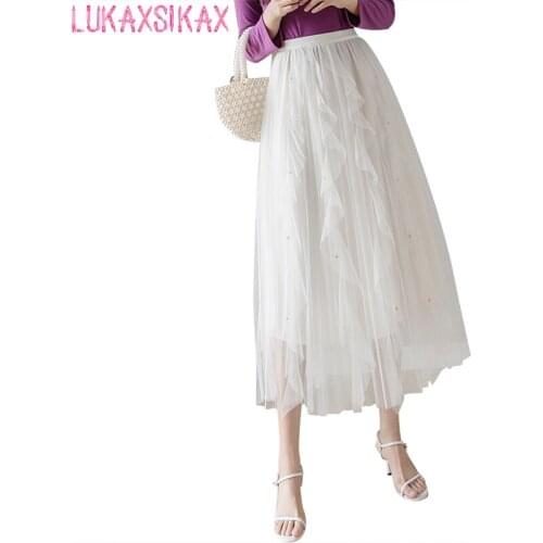 2020 New Spring Summer Women Skirt High Quality Ruffles Beading Mesh Tulle Skirt Elegant High Waist Pleated Hem Long Skirt
