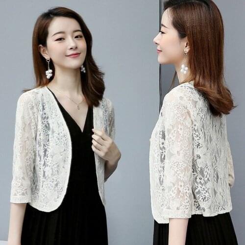 2021 Summer Women Thin Sun Protection Shirt Long Sleeve Shawl Coat All-match Hollow Lace Top Short Cardigan V-neck Jacket Y154