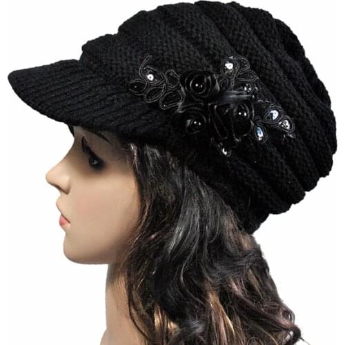 Womens Cable Knit Visor Hat with Flower Accent women Knit Beret Baggy Beanie Cap Hat