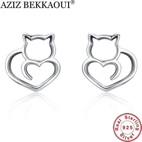 AZIZ BEKKAOUI 100% 925 Sterling Silver Simple Style Cute Cat Stud Earrings for Women Small Silver Earrings for Women Jewelry