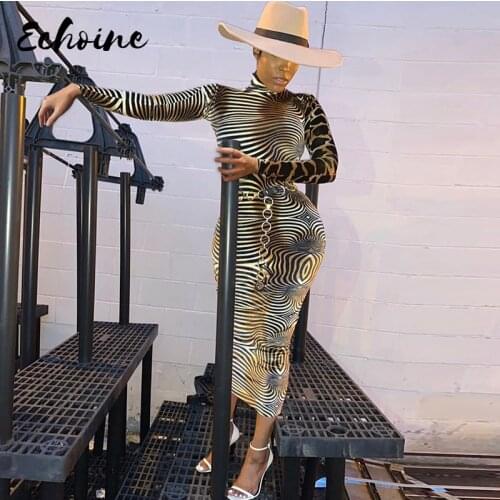 Leopard Tiger Print Long Sleeve High Neck Bodycon Sexy Dresses Autumn Winter Women Patchwork Fashion Party Streetwear Outfits
