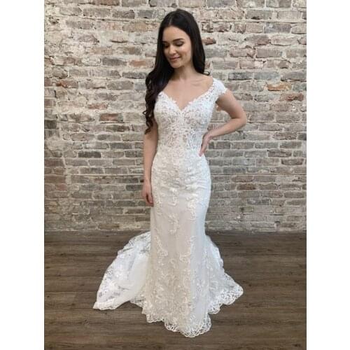 Wedding Dress Mermaid Lace with Chapel Train V Neck Zipper Back with Button Wedding Gowns for Bridal 2021 White Robe Mariee