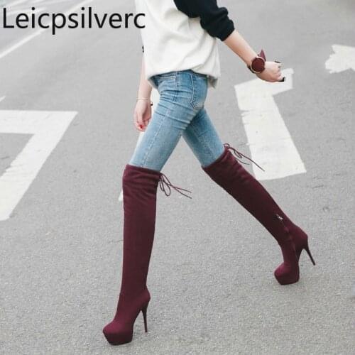 Winter new style fashion Flock Round head zipper Lace-up Fine heel High heel Womens Over the knee boots plus size 34-43