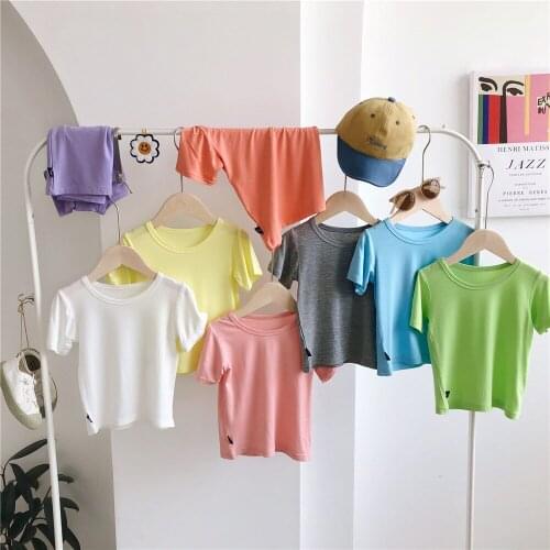 2021 Summer Kids T-shirt New Korean Pure Cotton Girls Blouse Baby Boys T Shirt Solid Color Short Sleeve Tops Tee