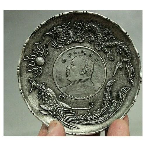 Decoration brass factory outlets Tibet Silve Collect Old Chinese Fengshui Miao Silver 2 Dragon Play globe Statue Dish Plate