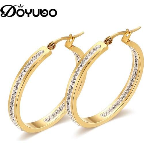 DOYUBO Classical Gold Color 316L Stainless Steel Hoop Earrings For Women High Quality White Rhinestone Earrings Jewelry DB010
