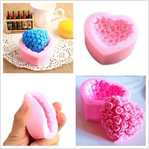 Rose Flower Bouquet Loving Heart Silicone Fondant Cake Decor Mold Soap DIY Mould