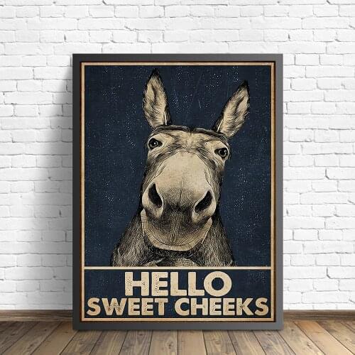 Funny Donkey Hello Sweet Cheeks Quote Canvas Painting Vintage Bathroom Posters and Prints Wall Pictures for Living Room Frame