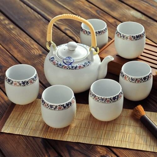 Chinese Jingdezhen ceramic teaware set thickened family tea cup pot teapot Japanese kungfu tea ceremony seven-picece set