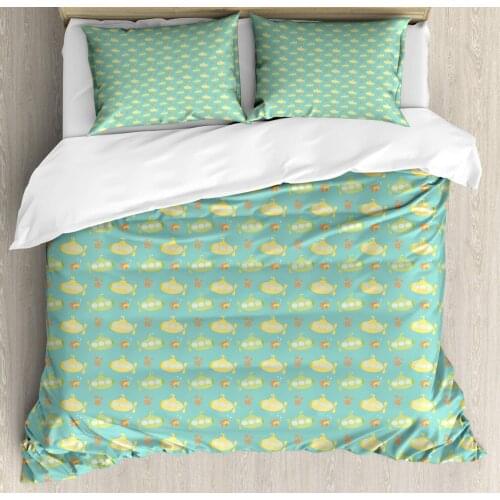 Yellow Submarine Duvet Cover Set Cartoon Submarine with Starfish and Fish 3 Piece Bedding Set Seafoam Dark Peach Avocado Green