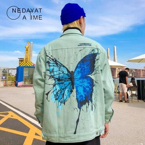 NEDAYATATIME Fashion Splash-Ink Butterfly Print Denim Jacket Loose Couples Jacket Men Ins Autumn Style Streetwear Jeans Jacket