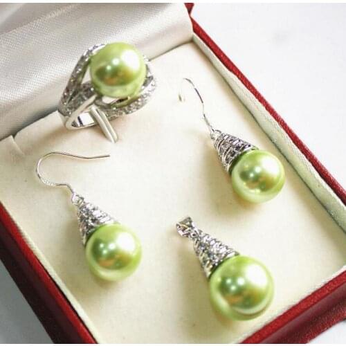 Fashion jewelry black white pink Purple South Sea Pearls Earrings & Ring & Necklace Pendant 5Sets + Chain white W