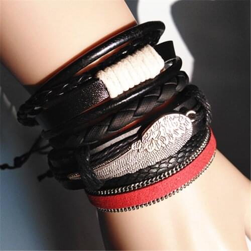 Wing Red Chain Handmade Wrap Woven Black Rivet Fashion male Infinity Jewelry Guitar Feather Leather Men Bracelets Women