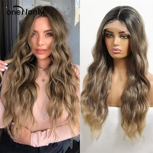 OneNonly Long Flax Brown Loose Wave Omber Wigs Lace Front Synthetic Wig Curly Lace Front Wig Free Part for Women Natural Hair
