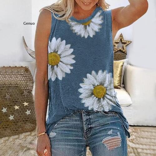 Daisy Print T Shirt Tops Women Sleeveless Summer O-neck T-Shirts Graphic Harajuku Plus Size Elegant Pullover Tops Tunic