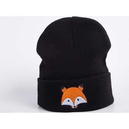 Cotton Cartoon Fox Embroidery Thicken Knitted Hat Winter Warm Hat Skullies Cap Beanie Hat for Men and Women 50