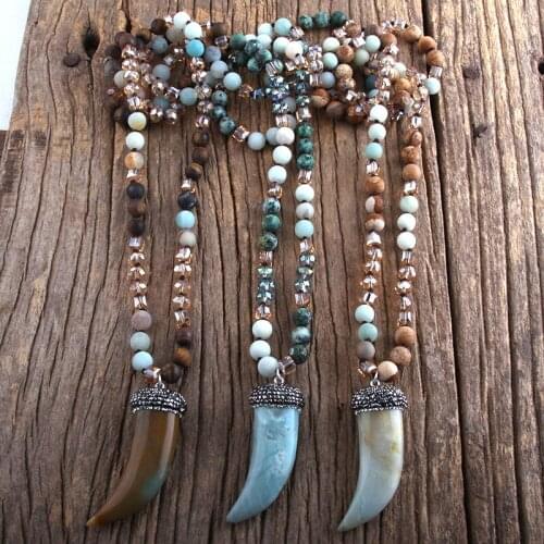 RH Fashion Bohemian Jewelry Natural Stones Pave Stone Ox Horn Pendant Necklaces Women Lariat Necklace Dropshipping